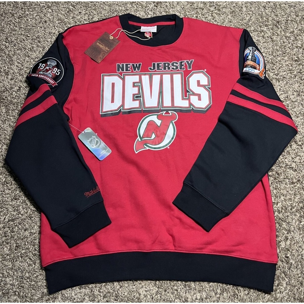 NEW Mitchell & Ness New Jersey Devils NHL All Over Crewneck 2.0 Patches (XL)